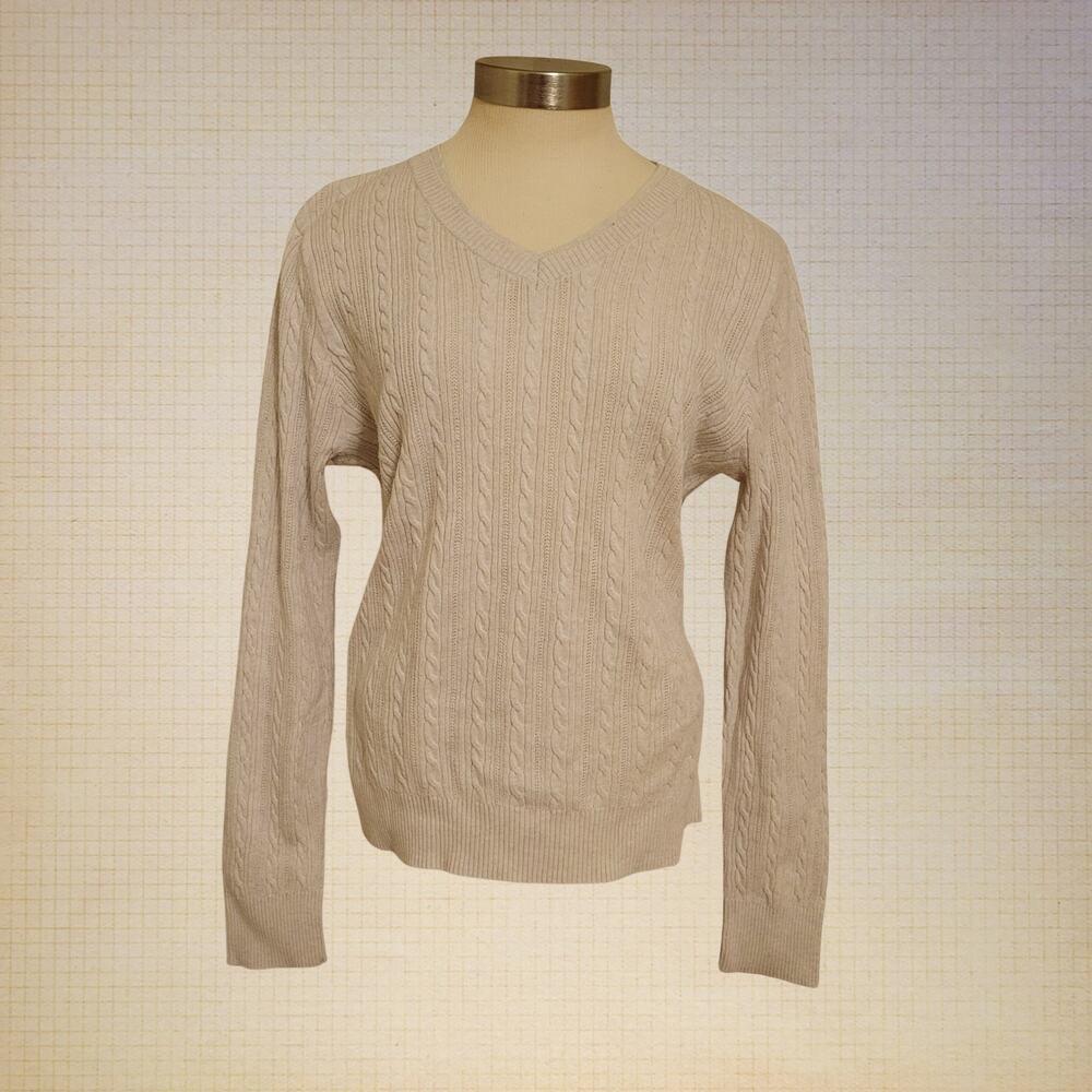 Sonoma 100% Cotton Cable Knit Sweater Women's L Beige V-Neck Pullover Top